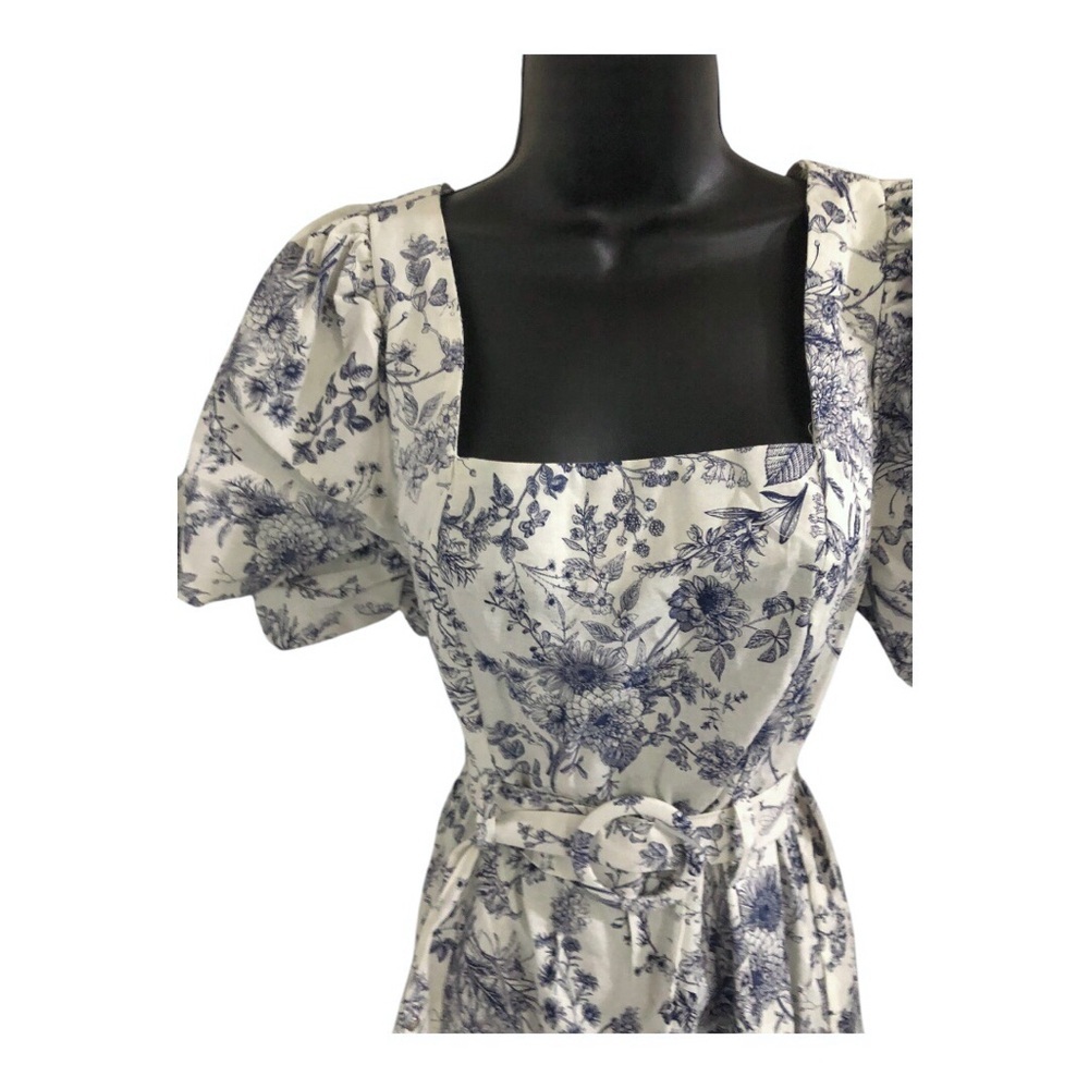 Cream‎ blue floral puff sleeve belted smocked square neck nap dress size medium - Picture 12 of 17